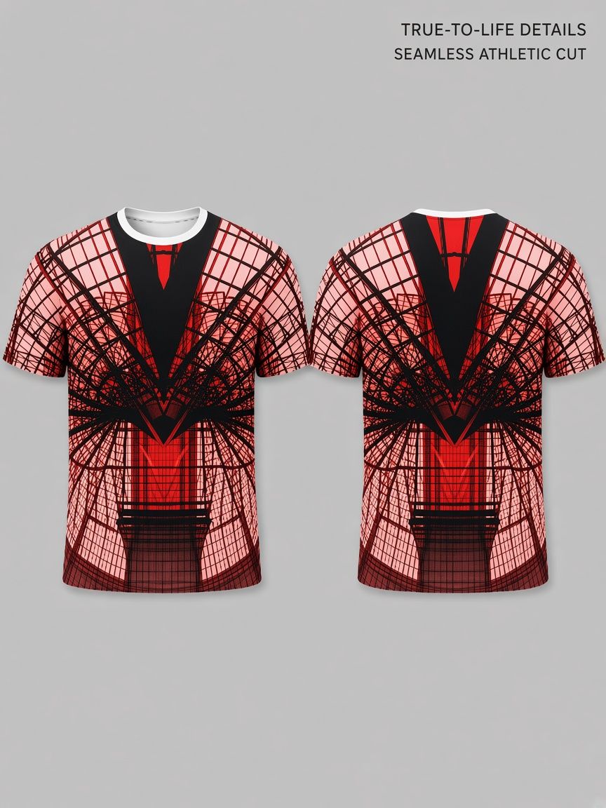 Red Geometric Grid 3D Optical Illusion Graphic Tee, Breathable Athletic Mesh T-Shirt for Casual and Sports Wear
