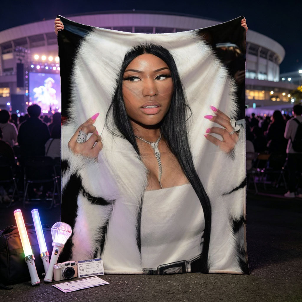 Nicki Minaj at Event Wearing White Fur Coat and Bold Pink Nails - Blankets