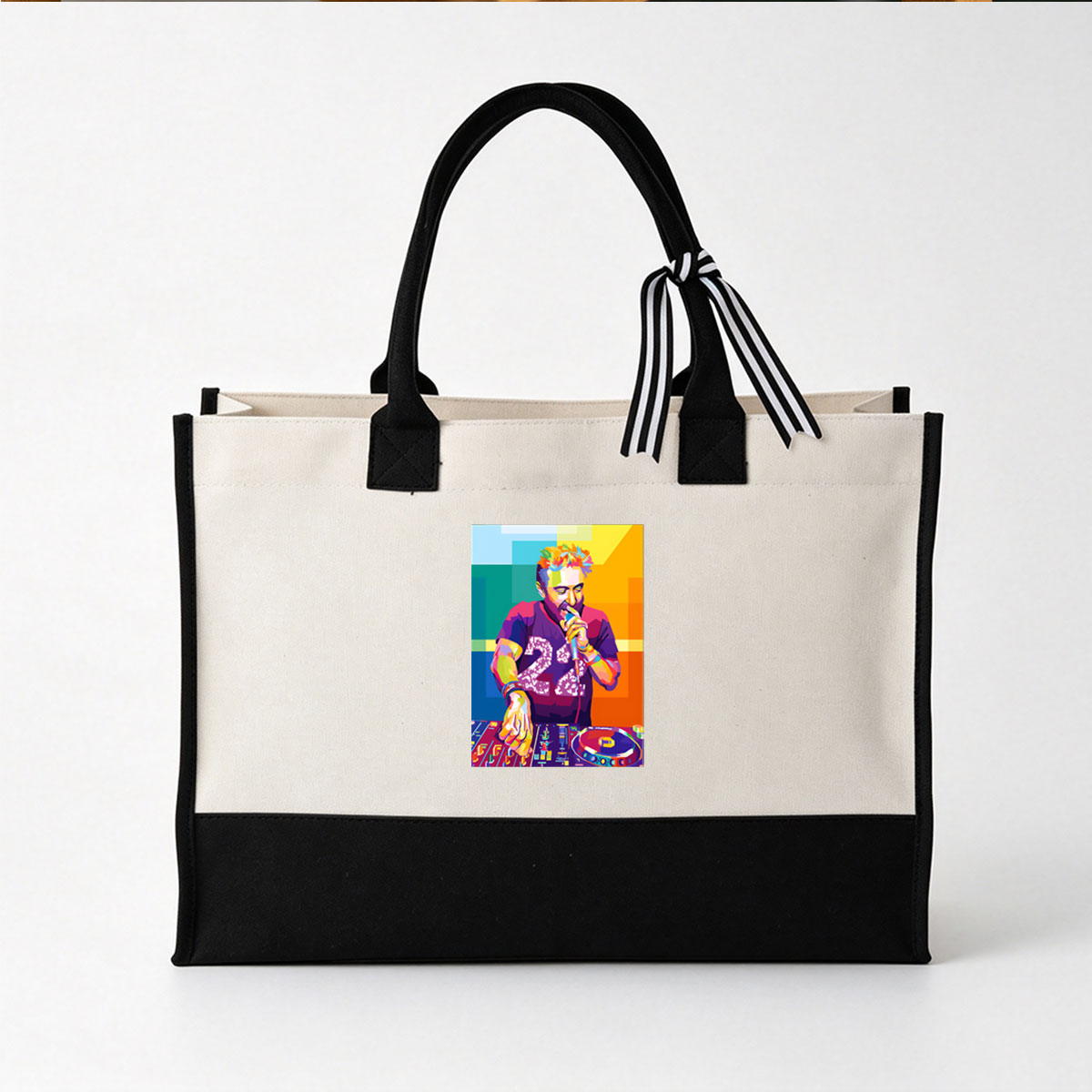DJ with Colorful Hair and Microphone at Turntable - Canvas patchwork gift tote bag