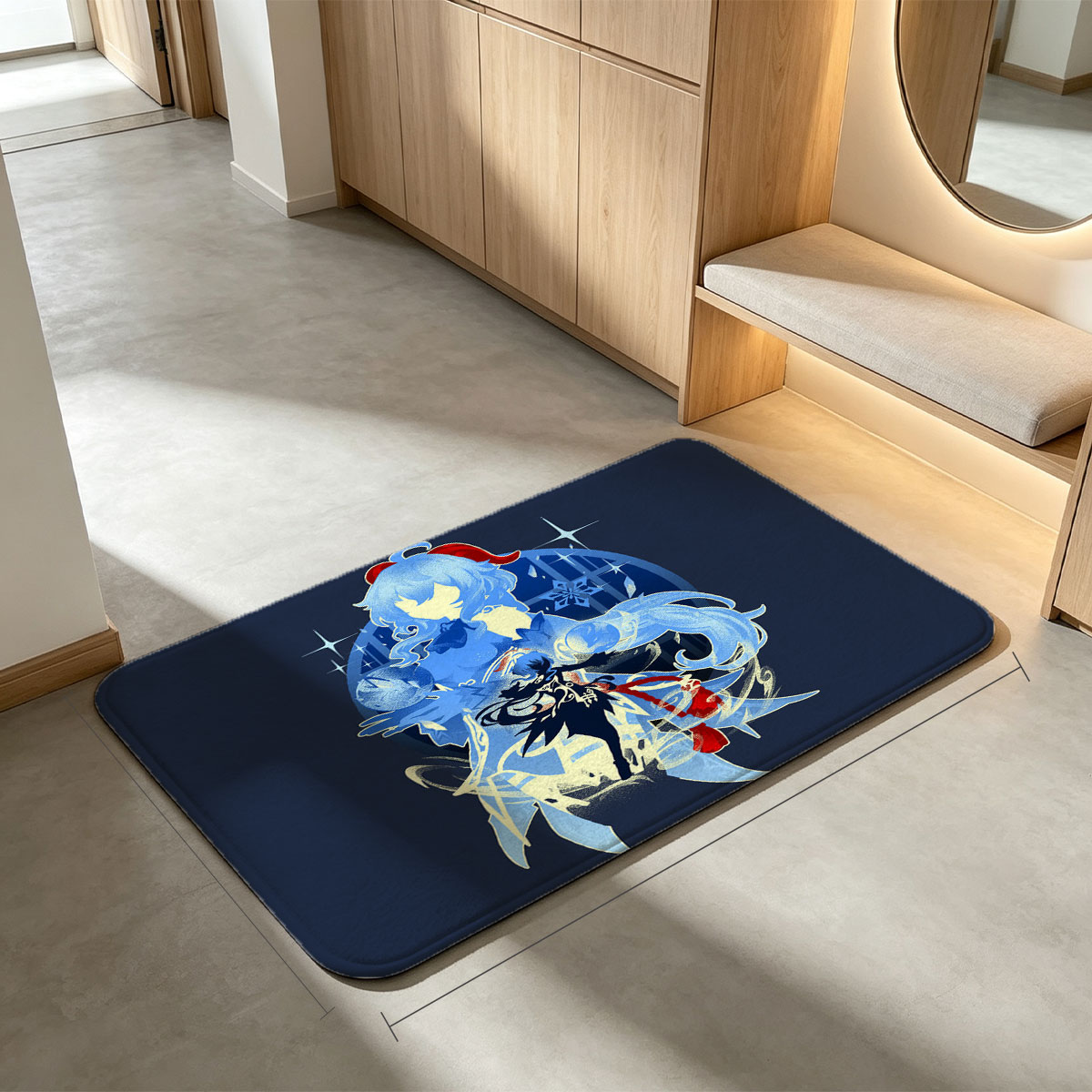 Blue-Haired Mage and Dark Warrior in Ice Magic Battle Scene - Flannel floor mat