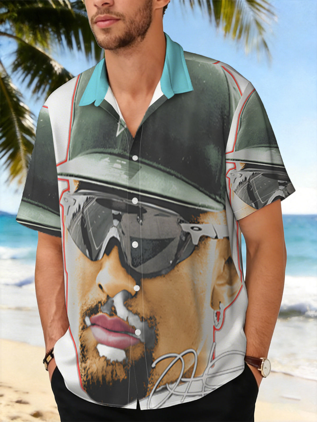 Derek Jeter in Green Cap and Sunglasses with Signature -  Shirt
