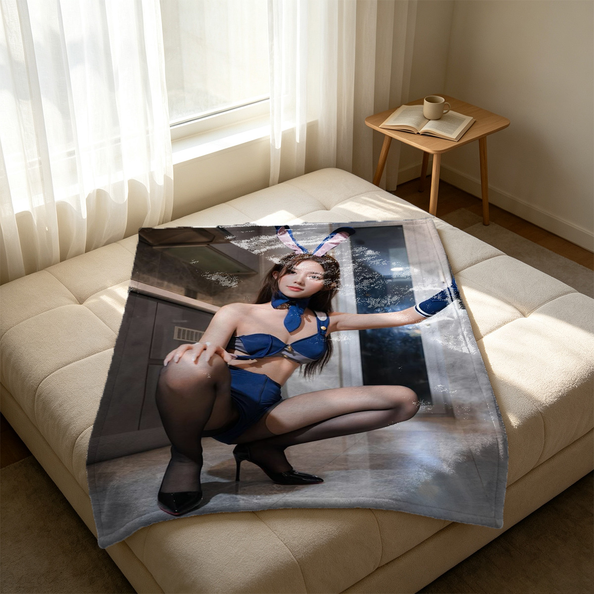 Redhead in white lingerie and stockings on bed. - Blanket