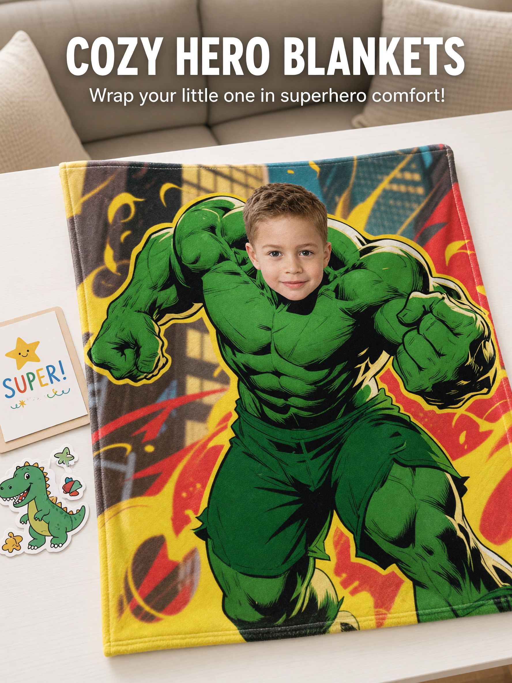 Custom Face Superhero Photo Flannel Blanket, Ultra Soft Anti-Pilling Cozy Throw, Ideal Personalized Gift for Kids
