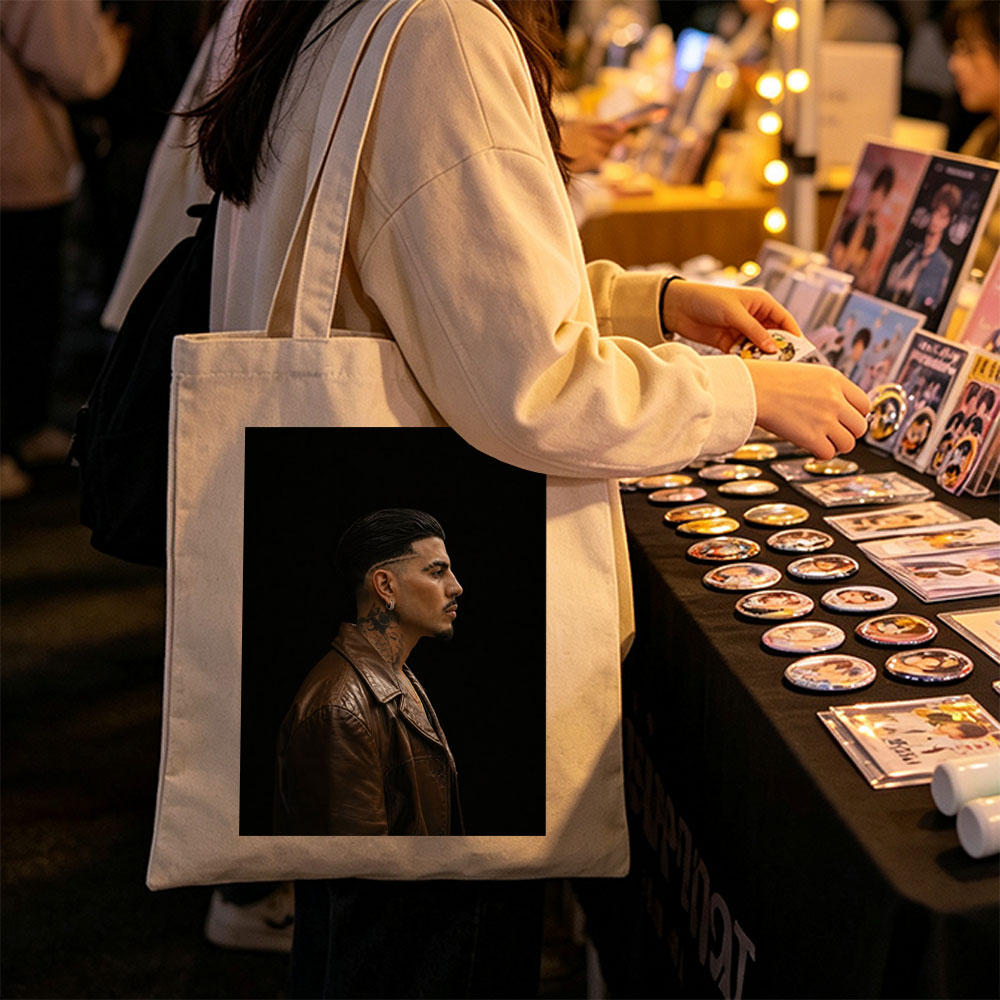 Bad Bunny in Profile Portrait Wearing Brown Leather Jacket Against Black Background - Canvas tote bags