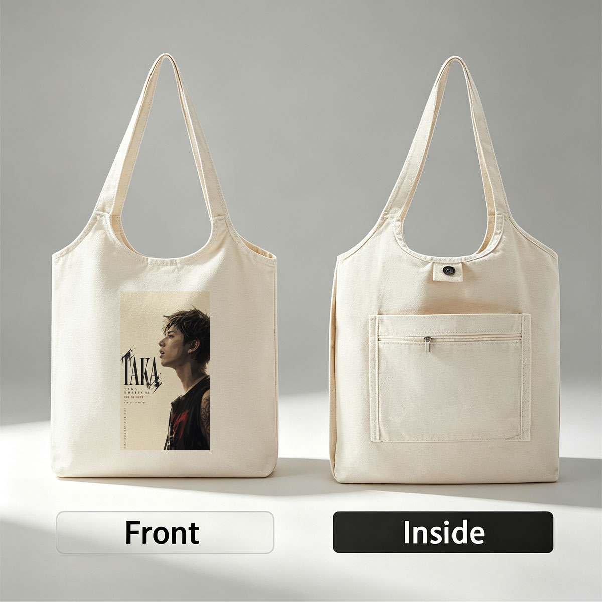 Taka Moriuchi Live Performance Portrait in Black Sleeveless Top with Tattoo and Earpiece - Canvas shoulder bags/