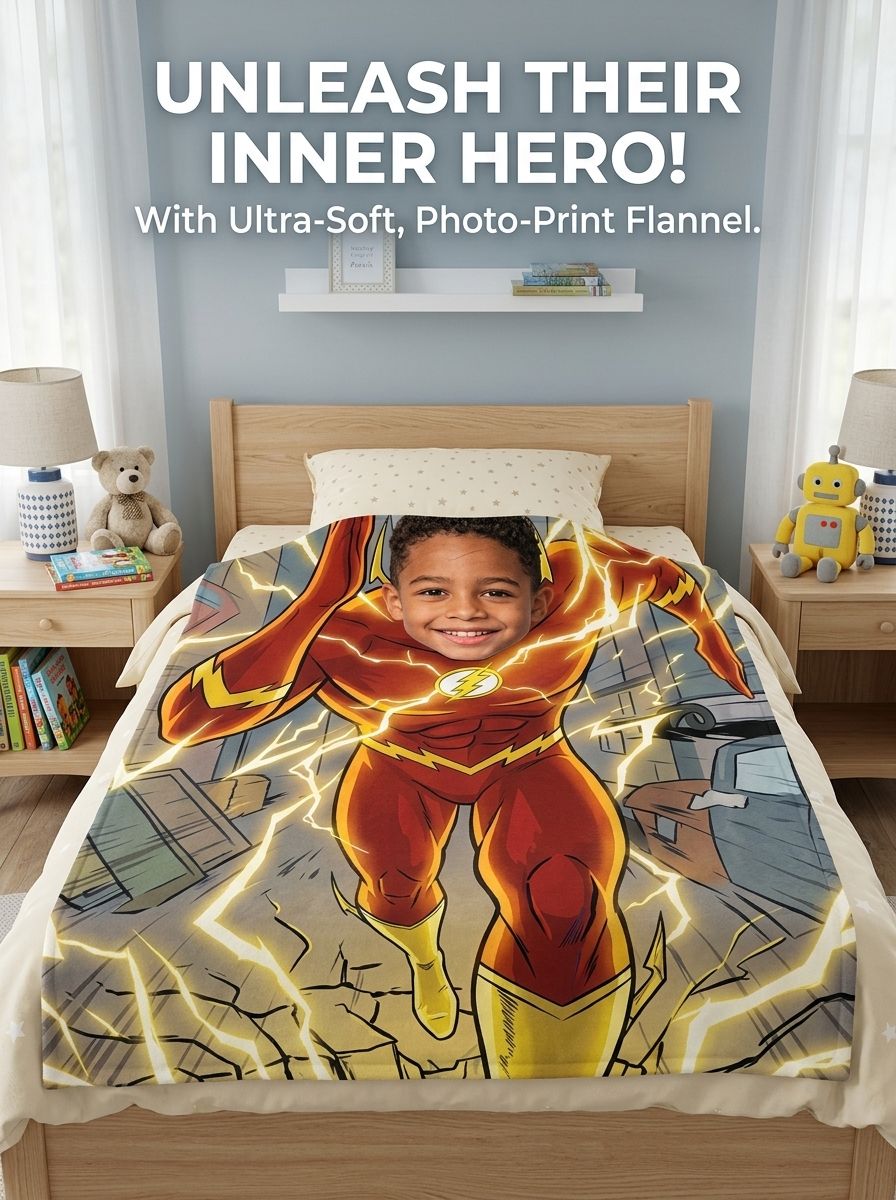 Custom Photo Superhero Flannel Blanket Ultra Soft Personalized Face Throw Fleece Blanket for Kids Boys Birthday Gift