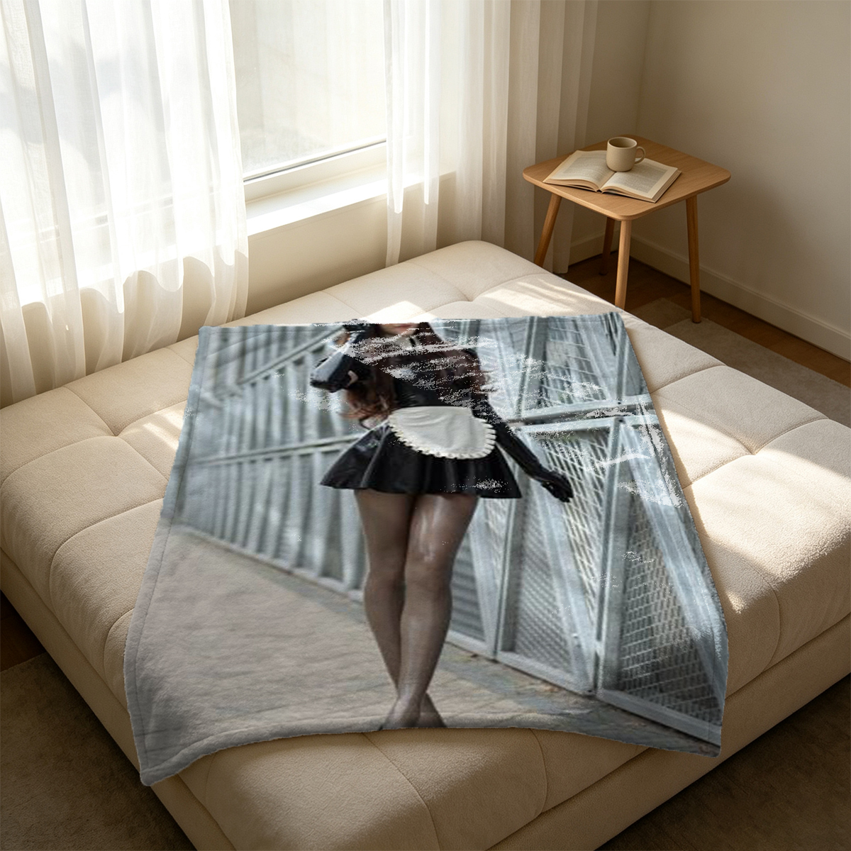 Mia Khalifa in a brown bodysuit kneeling on the couch. - Blanket