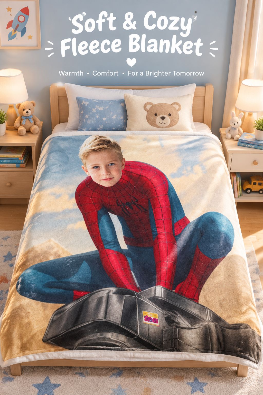 Custom Face Superhero Flannel Blanket, Personalized Photo Plush Throw for Kids and Adults, Cozy Warm Bed Couch Gift