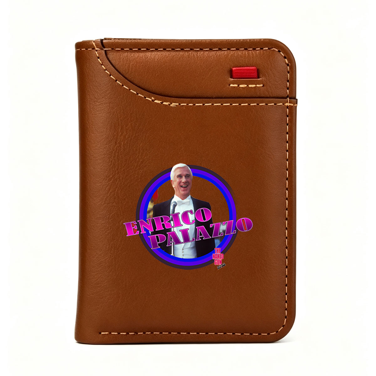 Enrico Palazzo from The Naked Gun, portrayed by Leslie Nielsen, in a comedic tuxedo scene. - Vertical Style Wallet