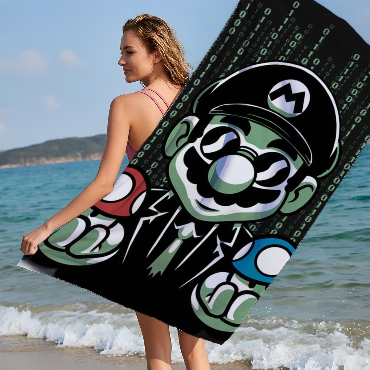 Mario in Matrix Code with Red and Blue Mushrooms - Beach towels