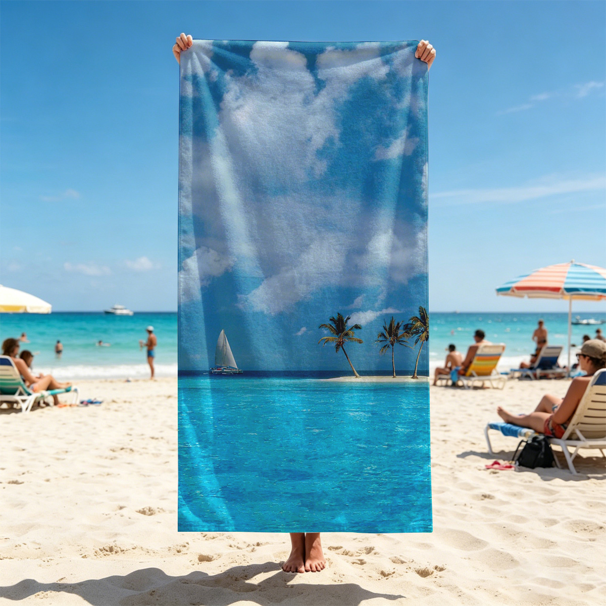 Sailboat near tropical island with palm trees under blue sky - Beach towels