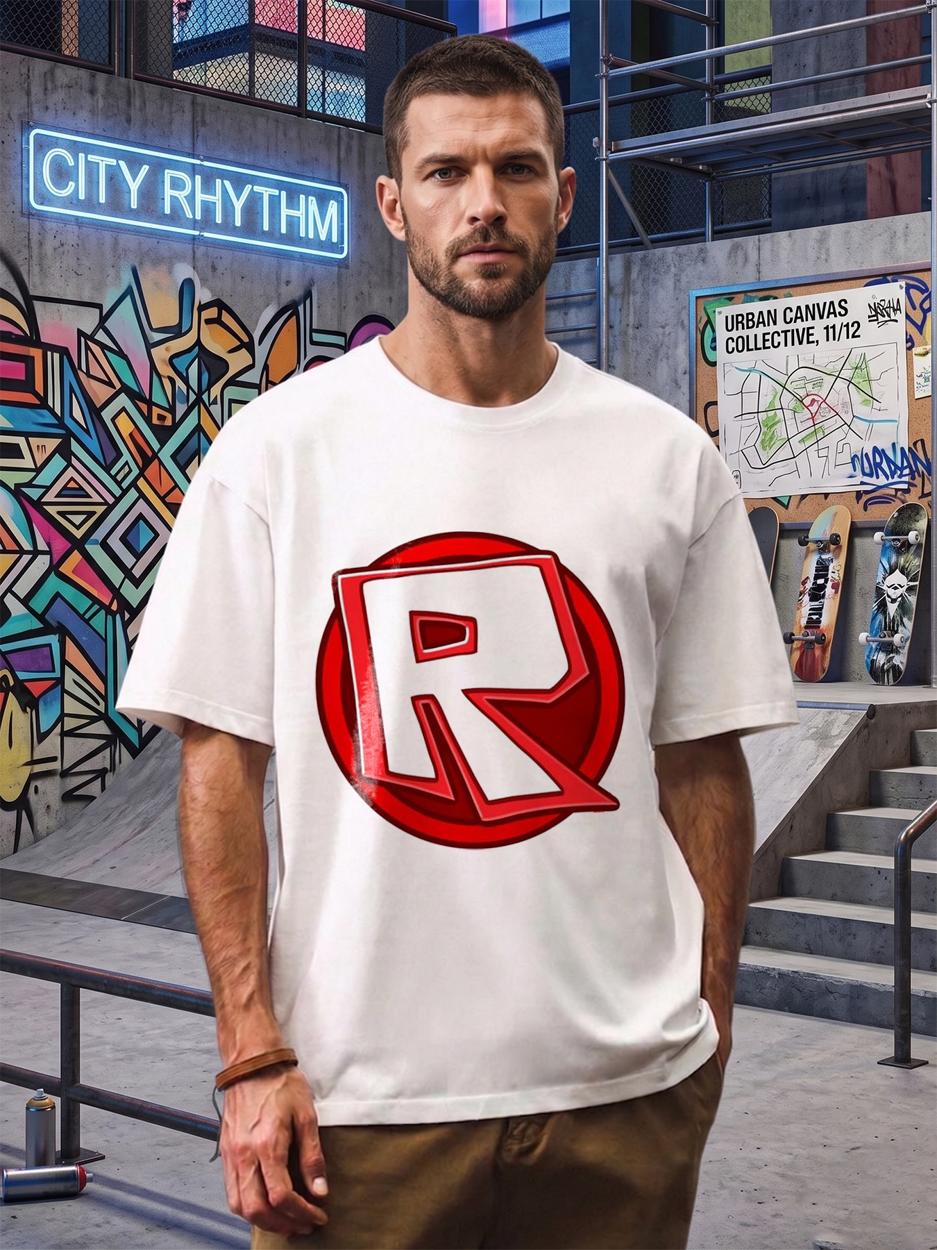 Men's Printed T-Shirt with Bold Red R Logo Design Casual Round Neck Lightweight Breathable Summer Short Sleeve Tee for Everyday Wear, Outdoor Activities, and Fans of Pop Culture Icons
