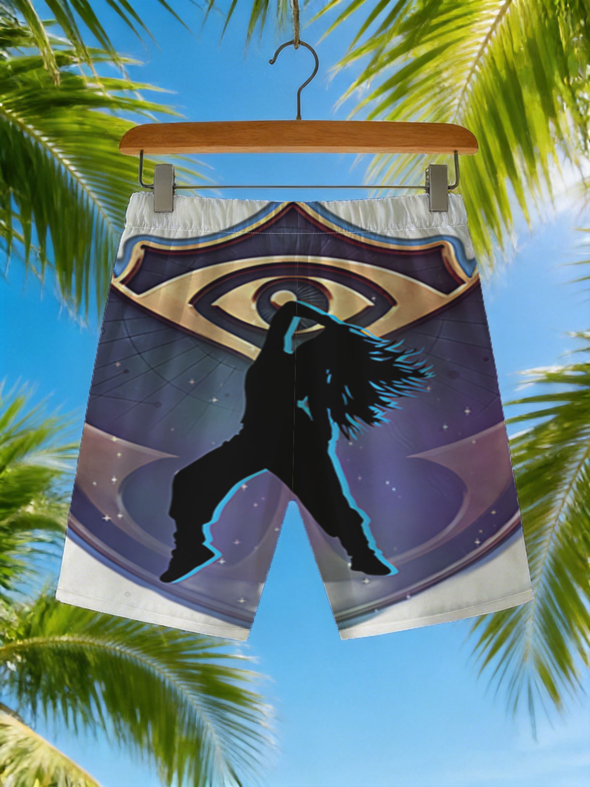 Silhouette of a dancer in front of an eye emblem, cosmic background -  Beach shorts