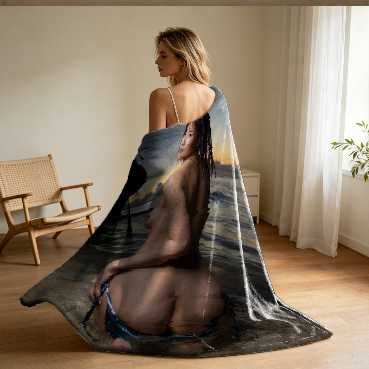 Red Lingerie Seduction on the Couch - Blanket