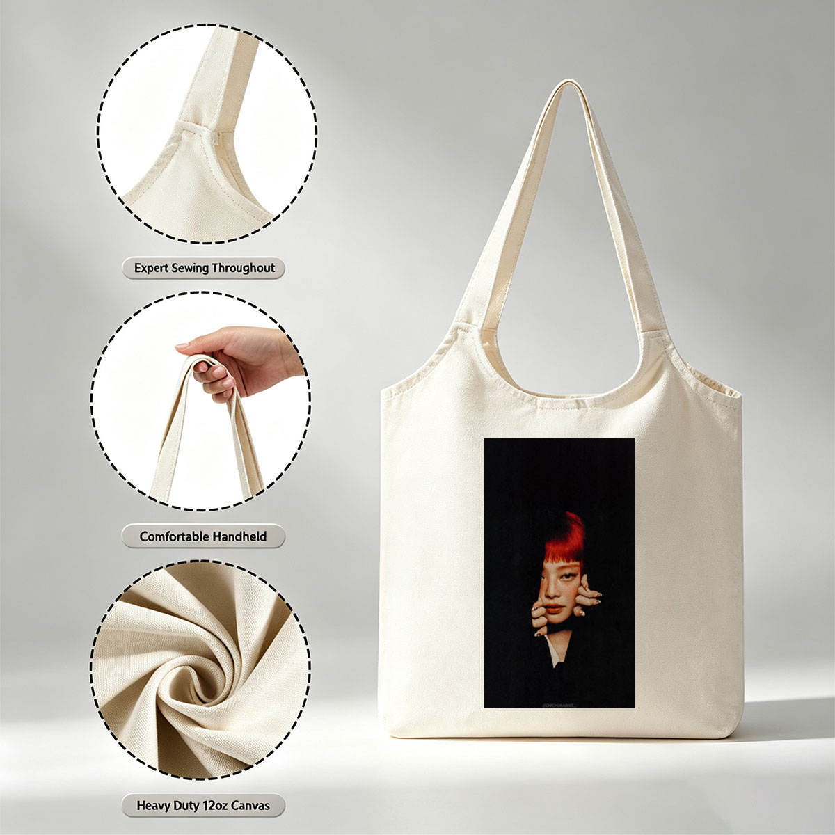 Rihanna in Dramatic Portrait with Red Hair and Bold Makeup - Canvas shoulder bags/