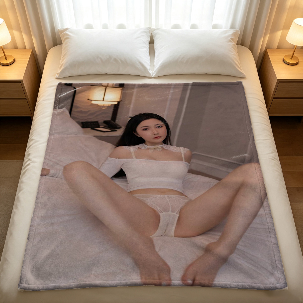 White Lace Cheongsam Seduction on Bed - Blanket