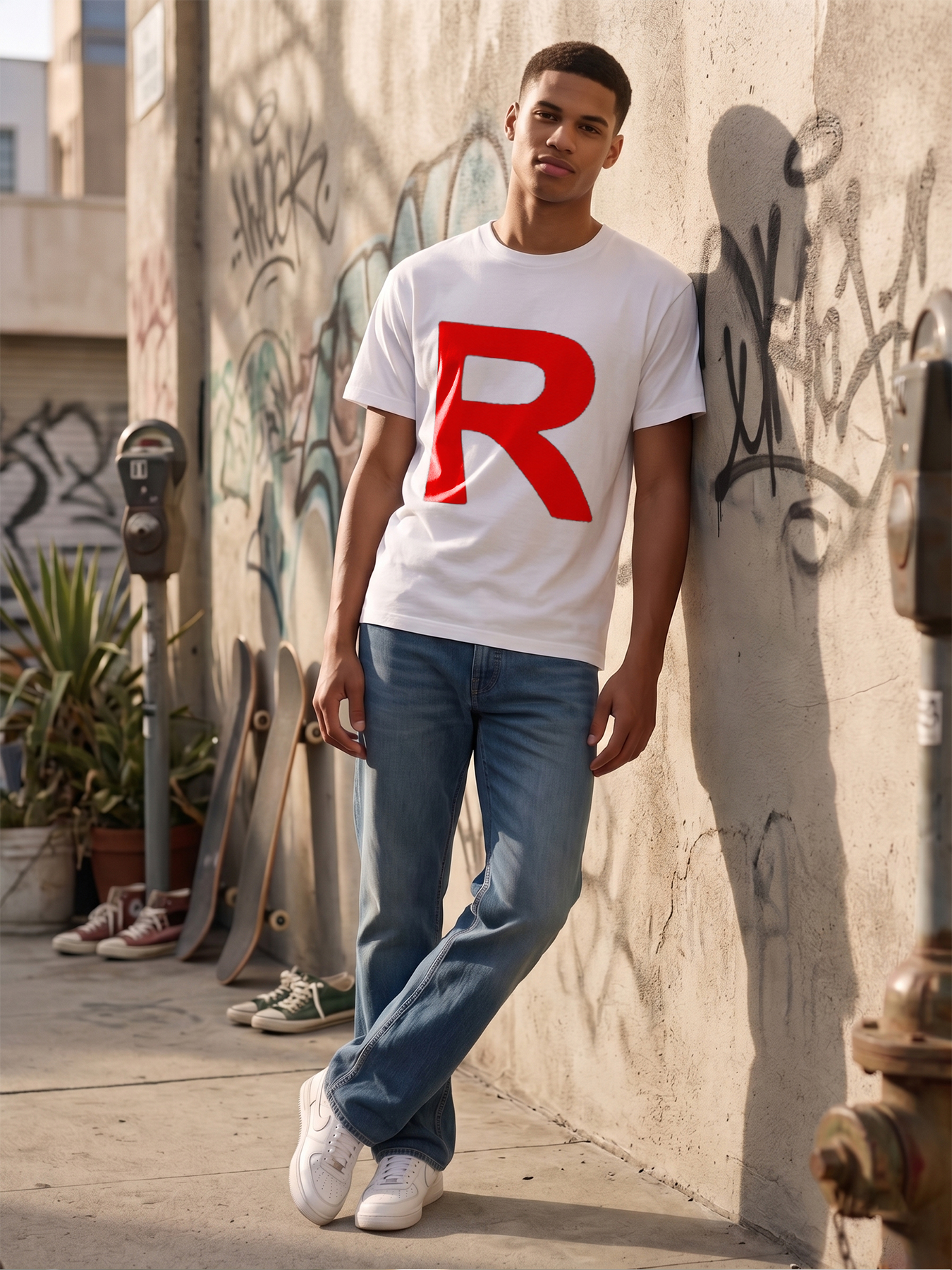 Men's Printed T-Shirt with Bold Red R Letter Design Casual Round Neck Lightweight Breathable Summer Short Sleeve T-Shirt for Everyday Wear and Outdoor Activities Adults