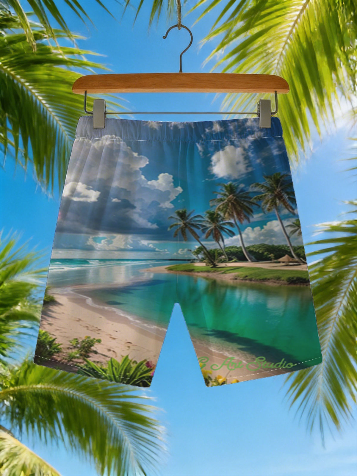 Tropical Beach with Palm Trees and Crystal Clear Water -  Beach shorts