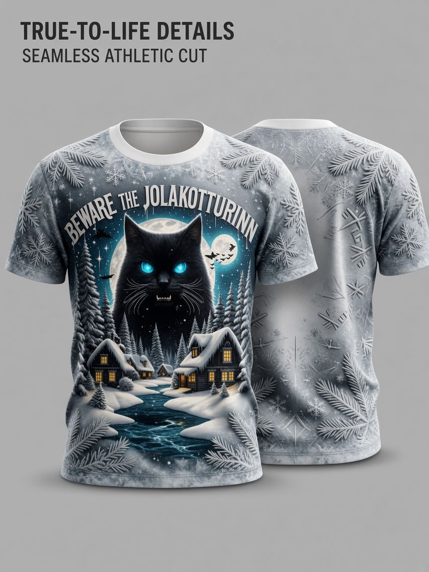 Jolakotturinn Yule Cat 3D Optical Illusion Graphic Tee Breathable Athletic Mesh T-Shirt for Casual and Sports Wear