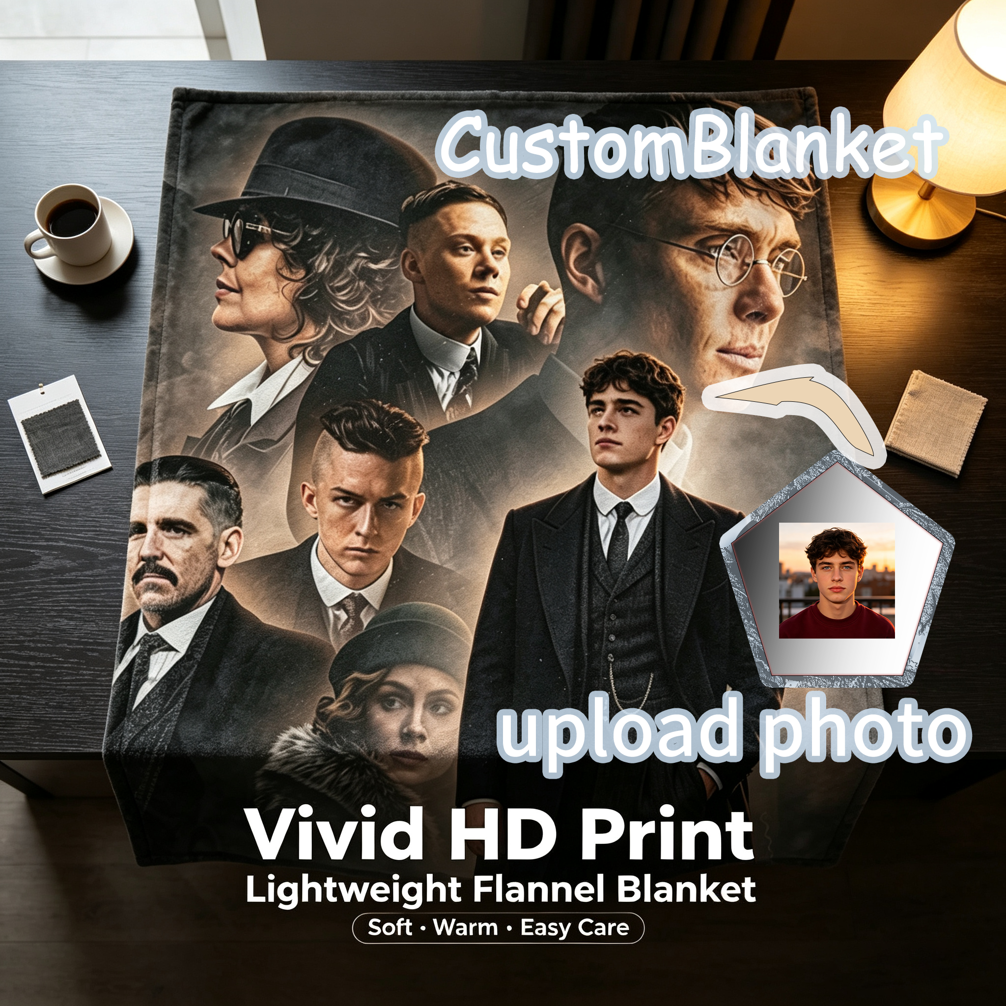 Custom Face Blanket Peaky Blinders Flannel Blanket for Couch, Bed, or Travel – Perfect Gift for Fans of the TV Series