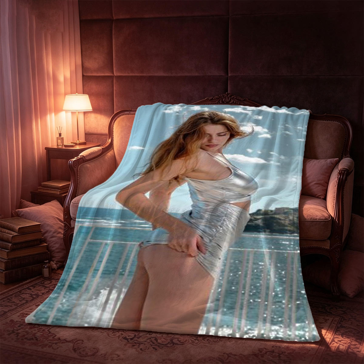Emma Watson in white shirt lying on bed teasing pose - Blanket