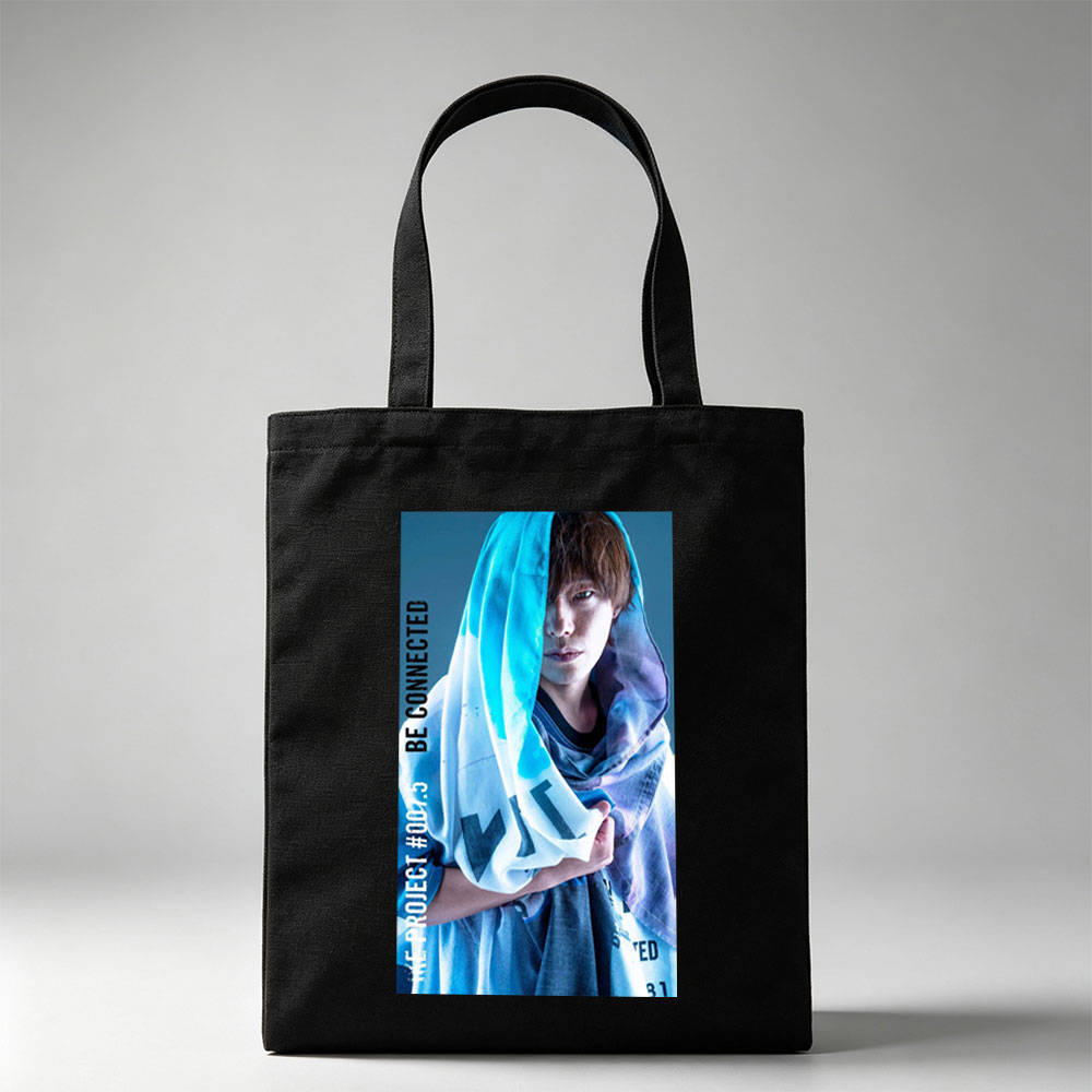 Yuki Kaji in a Dramatic Pose with Blue Tinted Scarf and Text Overlay 