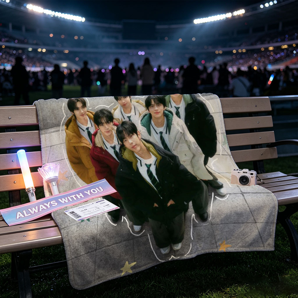 TXT Group in School Uniforms Standing Together Outdoors with Star Accents - Blankets