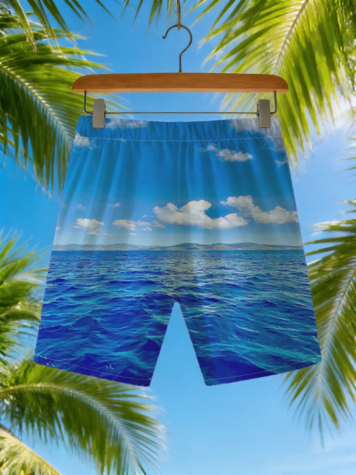 Azure Sea Under Blue Sky with White Clouds -  Beach shorts