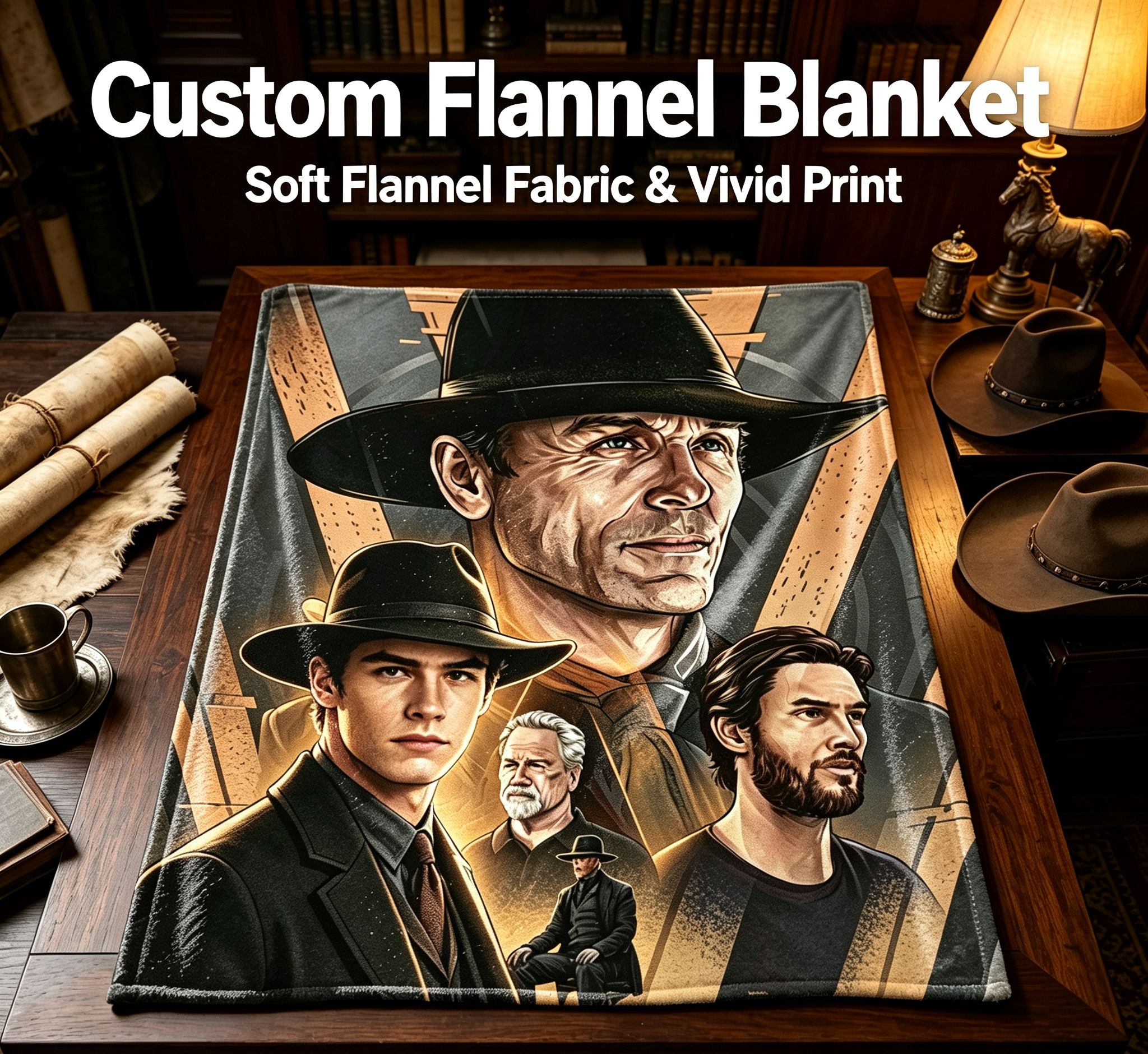 Custom Face Blanket Featuring Iconic Characters in Classic Fedoras Flannel Blanket Perfect for Cozy Nights and Movie Fan Gifts