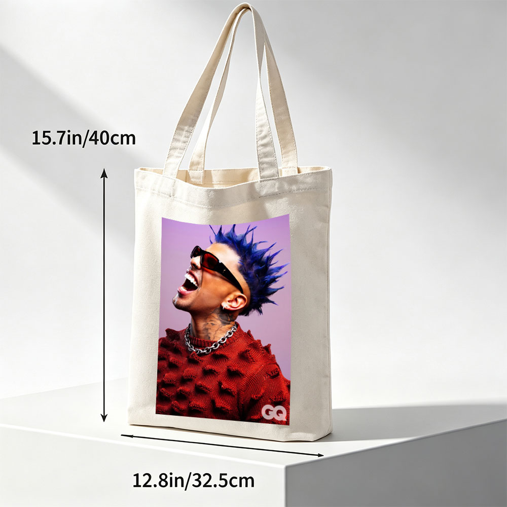 Daddy Yankee in a Bold Red Sweater with Spiky Blue Hair and Sunglasses, Laughing Loudly Against a Purple Background - Canvas tote bags