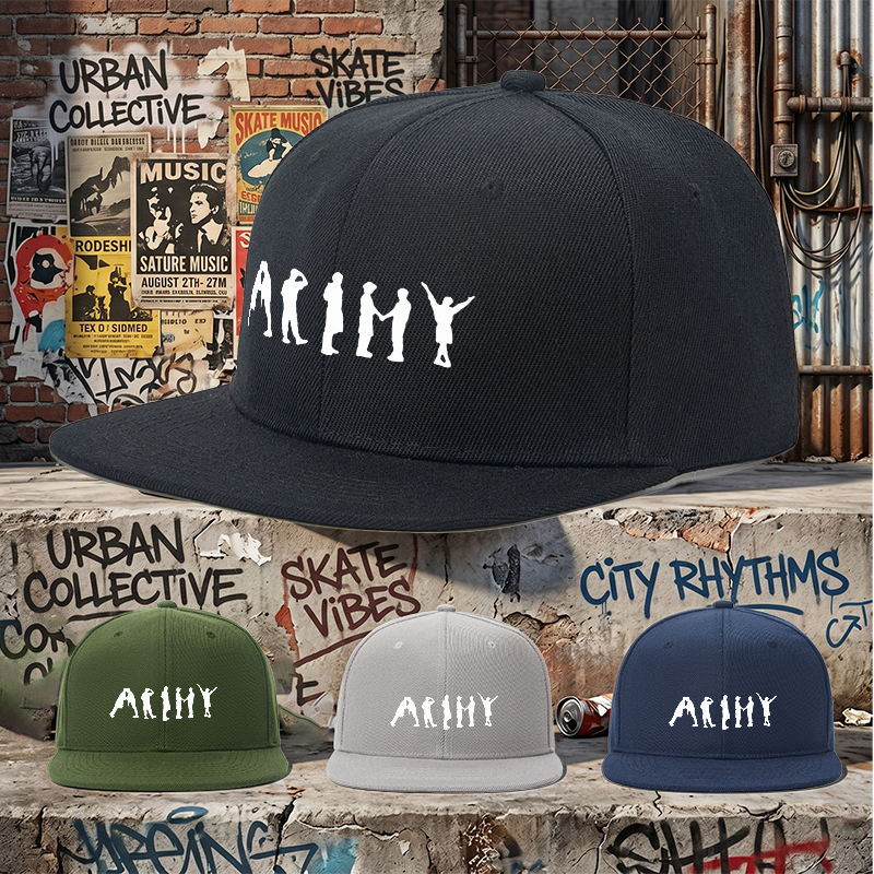 Flat Brim Baseball Cap Army Silhouette Print Streetwear Underground Skate Style for Basketball Court Skate Park Urban Lifestyle Skaters Rappers Streetwear Enthusiasts
