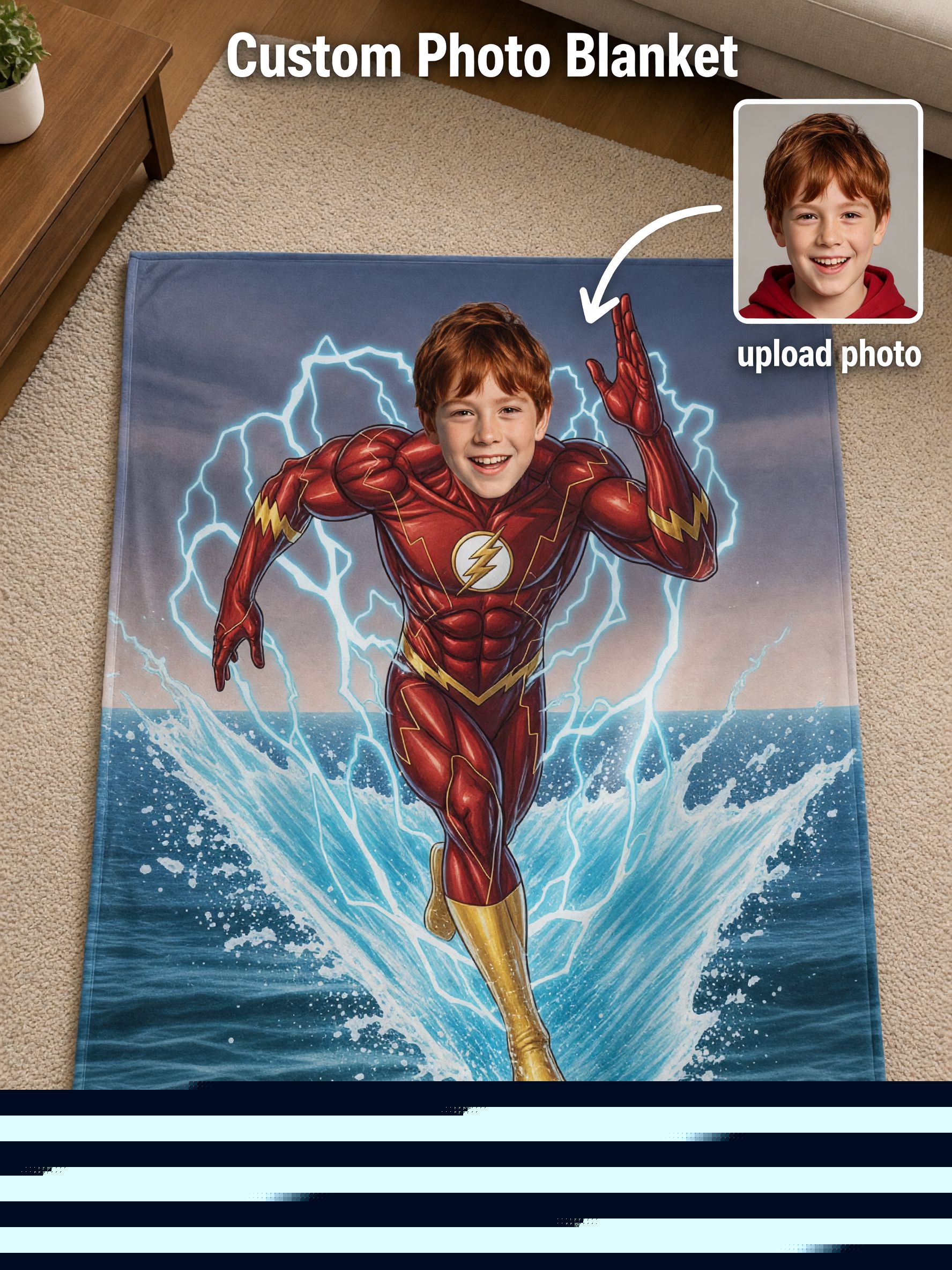Custom Photo Superhero Flannel Fleece Blanket, Personalized Headshot Throw Blanket for Kids and Adults, Cozy Gift