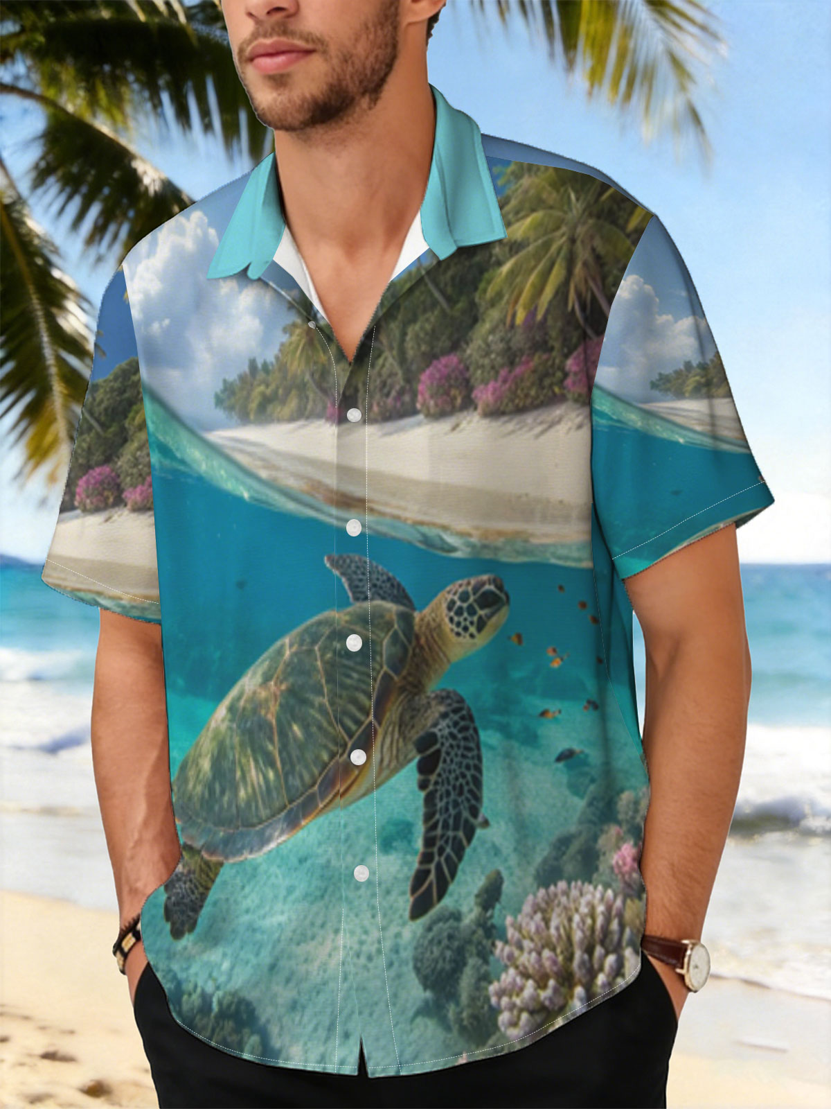 Sea Turtle Swims Near Coral Reef and Tropical Beach -  Shirt
