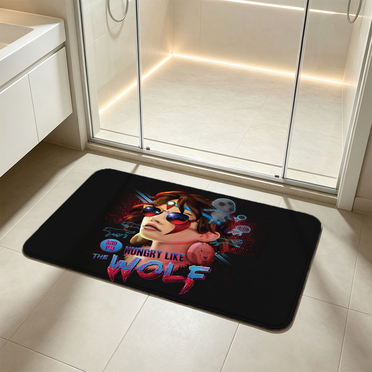 Hungry Like the Wolf: Neon-Style Portrait with Sunglasses and Ghostly Elements - Flannel floor mat