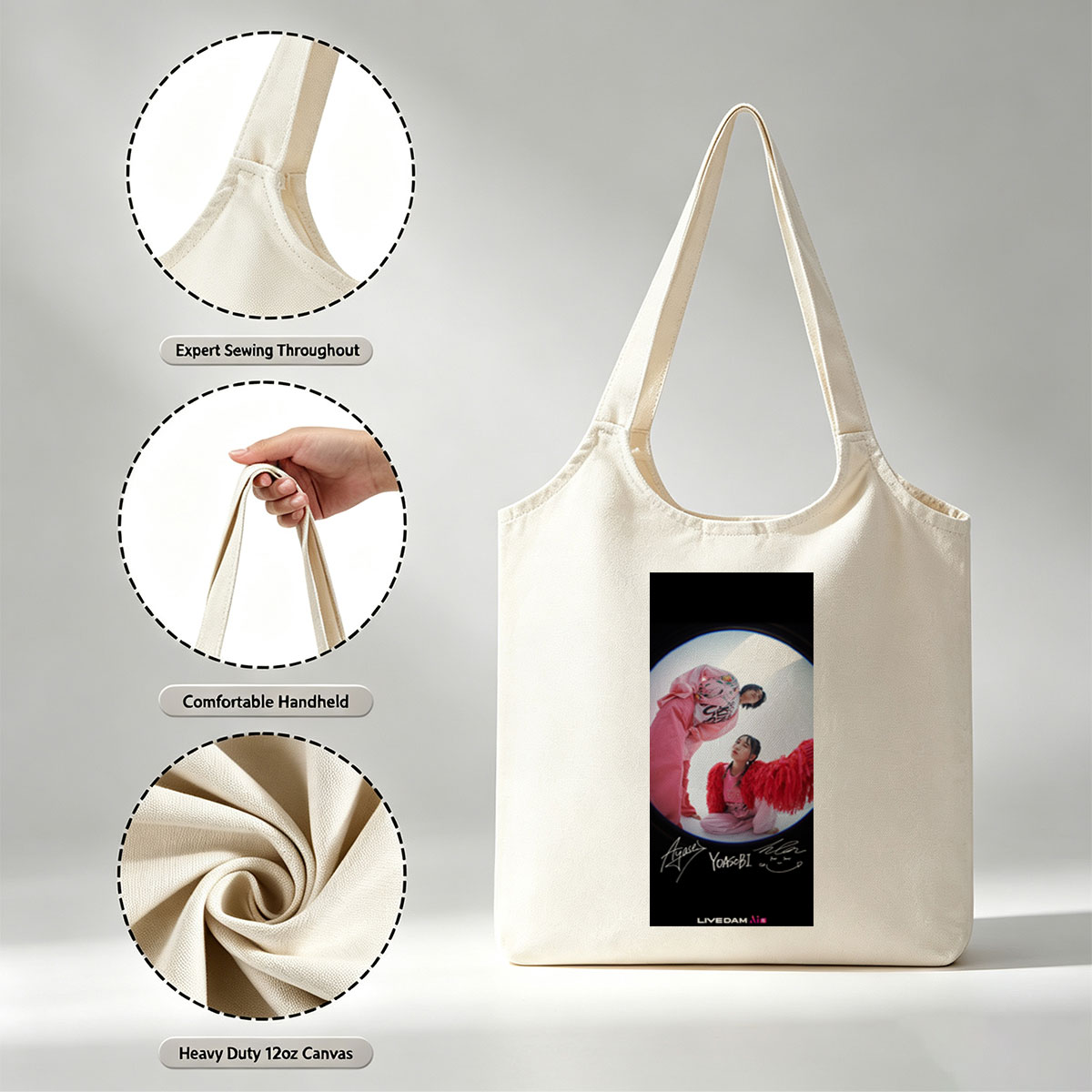 YOASOBI Live Performance in Vibrant Pink Outfits with Fisheye Lens Effect - Canvas shoulder bags/
