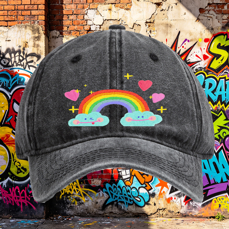 Unisex Classic Washed Cap with Rainbow Clouds and Hearts Print - Perfect for Casual Outings, Travel, and Daily Wear - Ideal for Teens and Adults Who Love Fun, Whimsical Designs