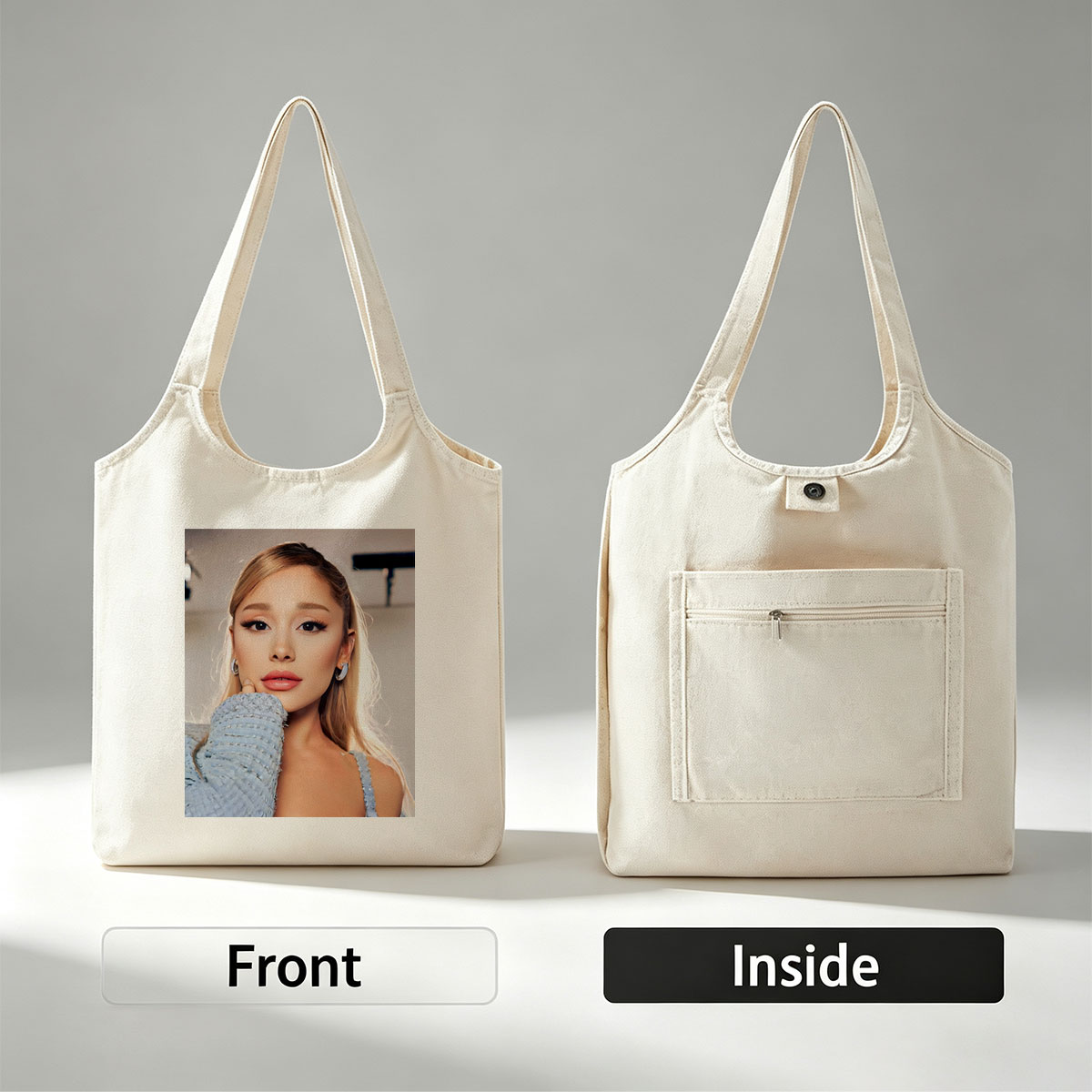 Ariana Grande in a Serene Moment Wearing a Light Blue Textured Top and Elegant Earrings - Canvas shoulder bags/