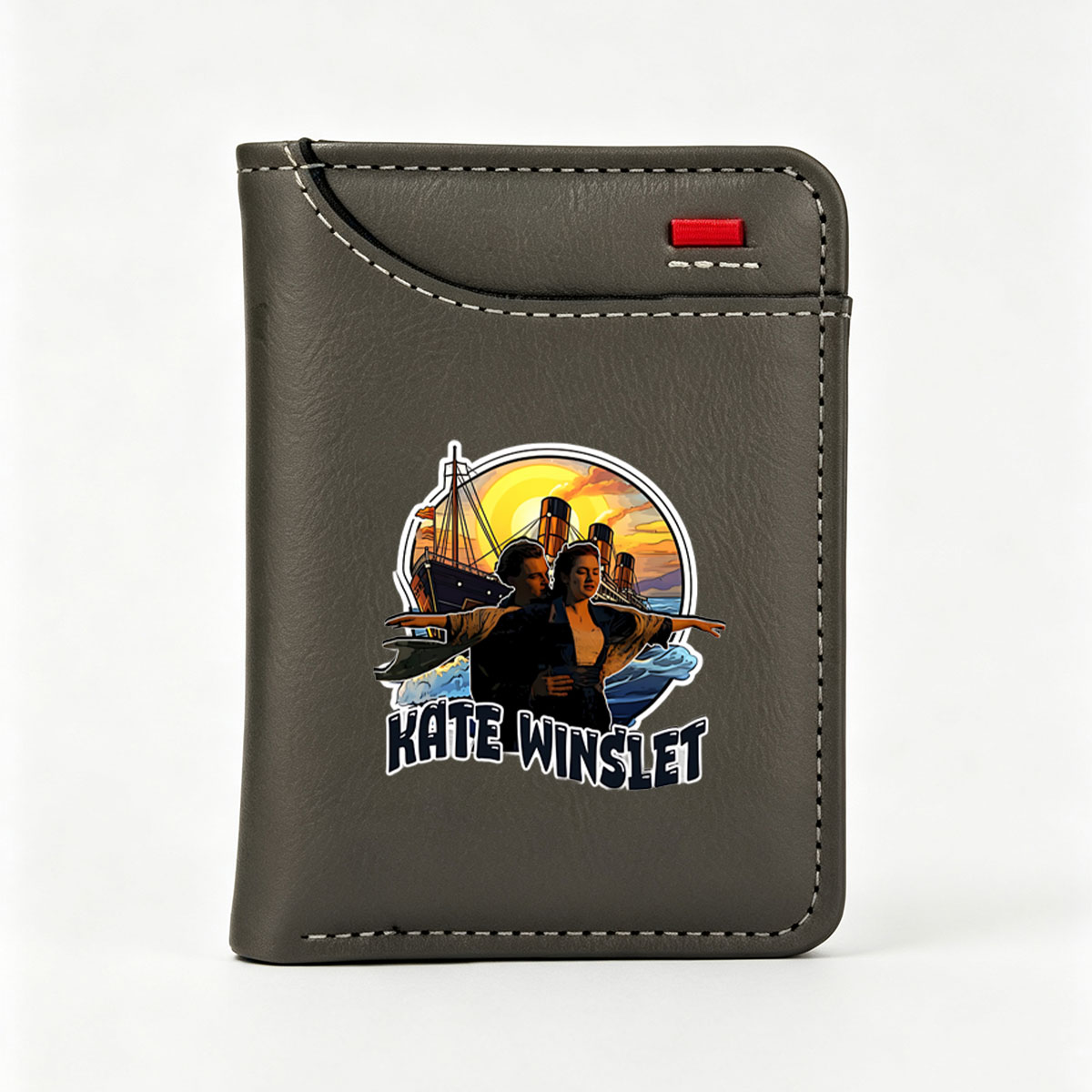 Kate Winslet as Rose in Titanic with Leonardo DiCaprio, iconic ship scene at sunset - Vertical Style Wallet