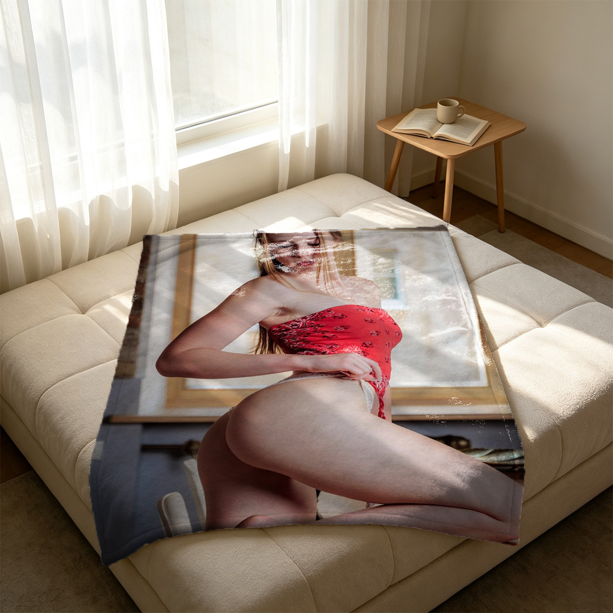 Ginger woman posing nude by wooden door. - Blanket