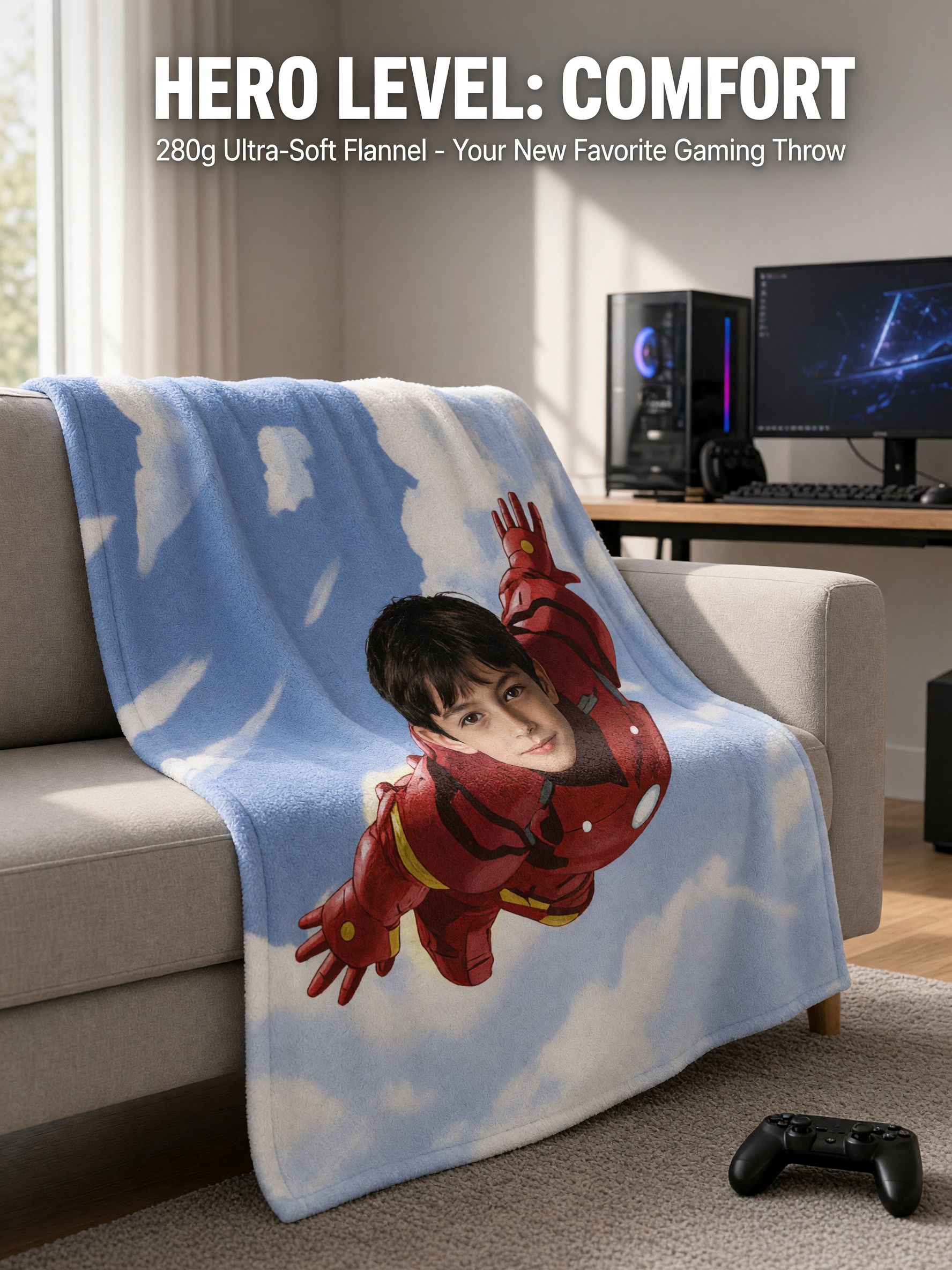 Custom Face Superhero Flannel Blanket Personalized Photo Throw Soft Fleece Bed Couch Gift