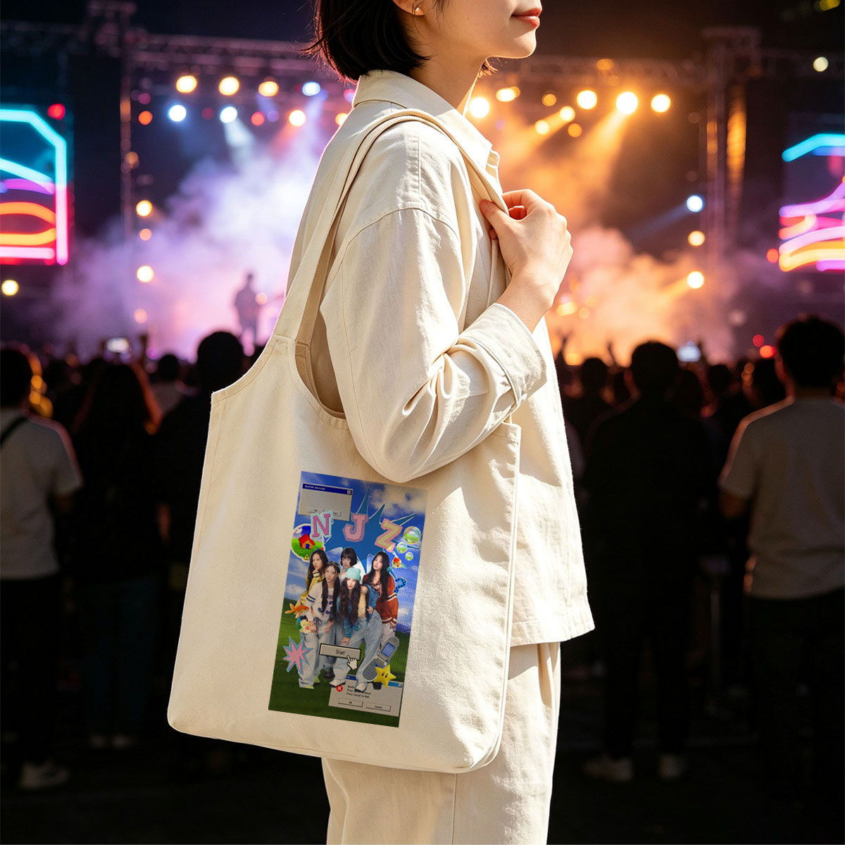 NewJeans Group Photo with Retro Game Interface and Colorful Elements - Canvas shoulder bags/