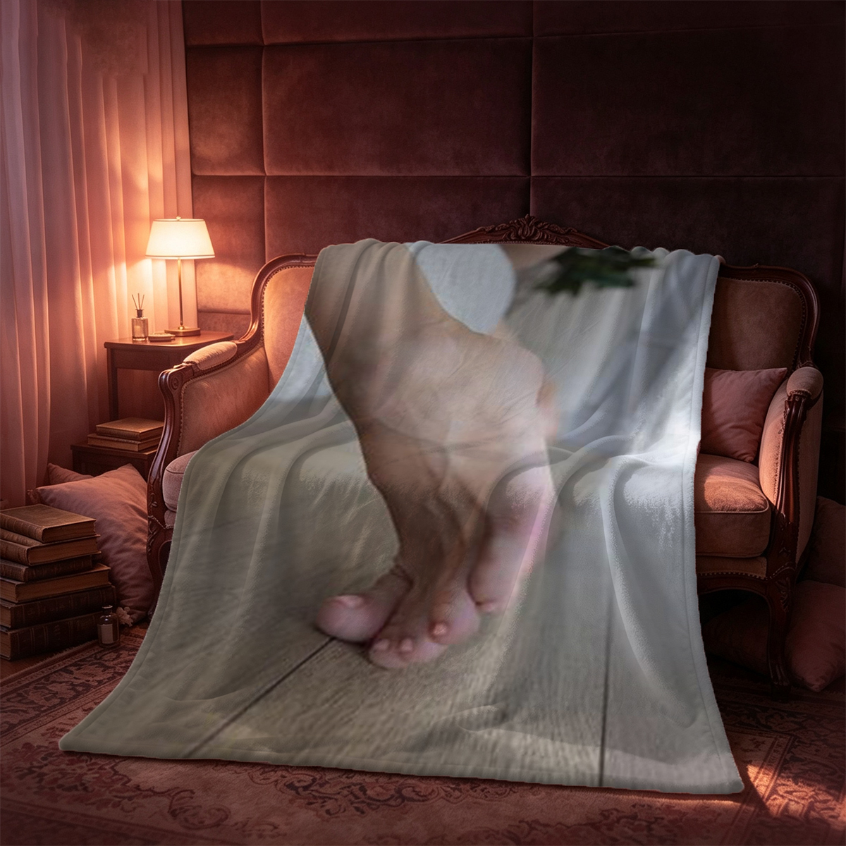 Nude Emma Watson lying on a grey couch with feet up, METART style - Blanket