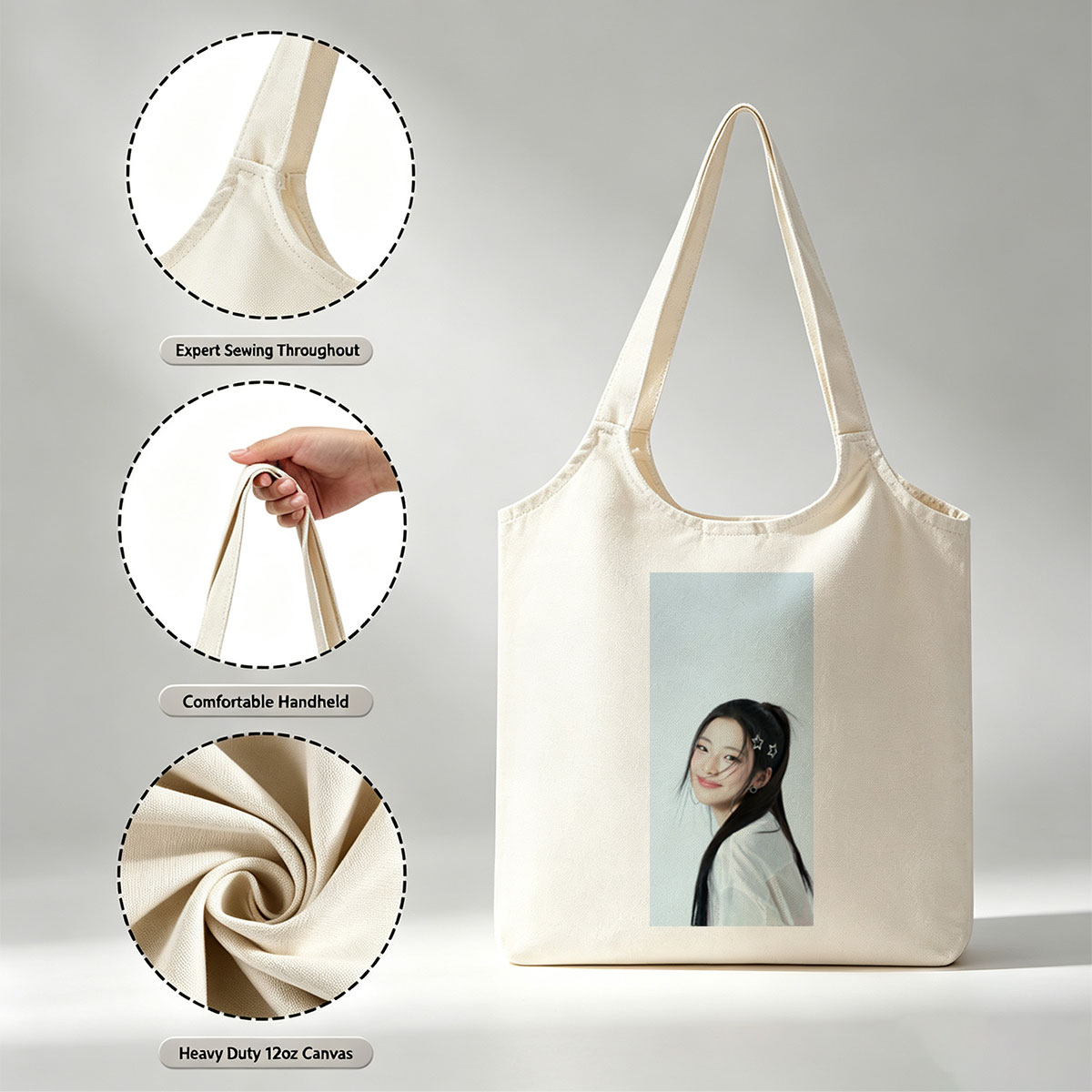Korean Actress in White Outfit with Star Hair Clips Smiling Softly Against Light Blue Background - Canvas shoulder bags/