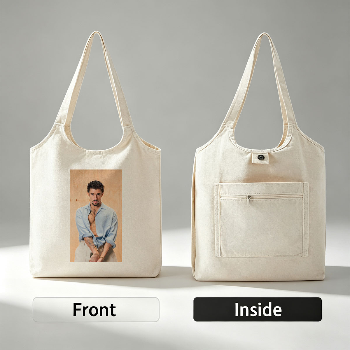 Bad Bunny in a Casual Pose Wearing an Open Light Blue Shirt and White Pants with Visible Tattoos - Canvas shoulder bags/