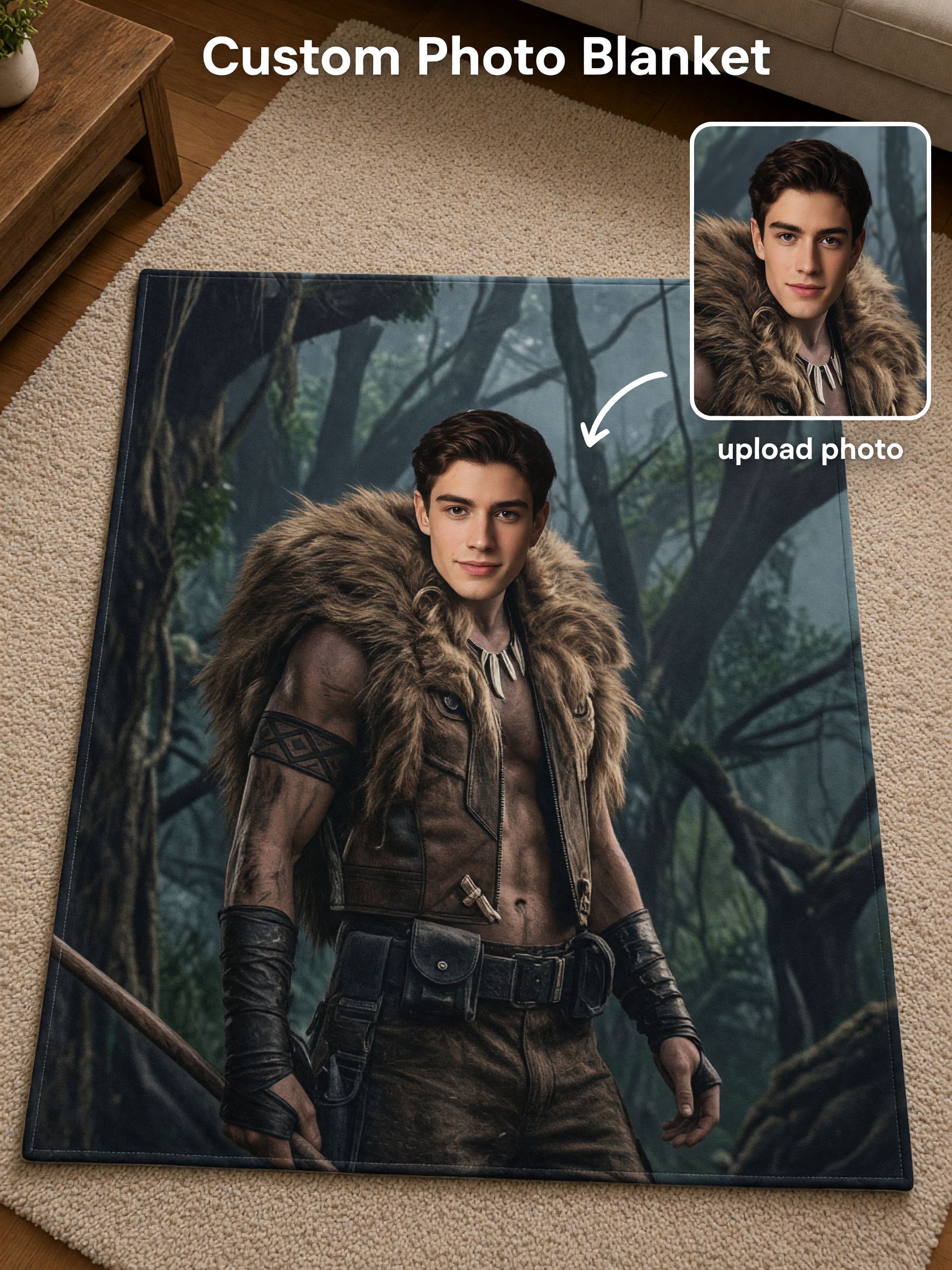Custom Face Photo Flannel Blanket Personalized Warrior Jungle Fantasy Soft Plush Throw Blanket for Home and Gifts