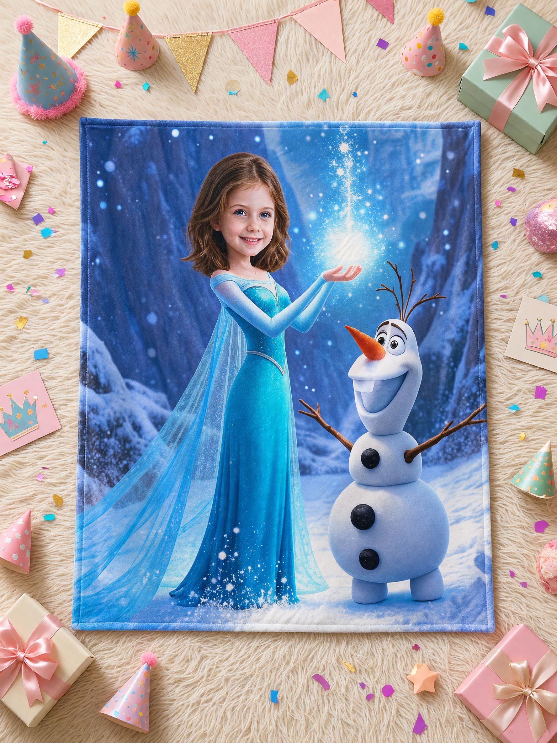 Custom Photo Ice Princess Blanket, Ultra Soft Flannel Throw with Snowman, Ideal Personalized Gift for Kids and Girls