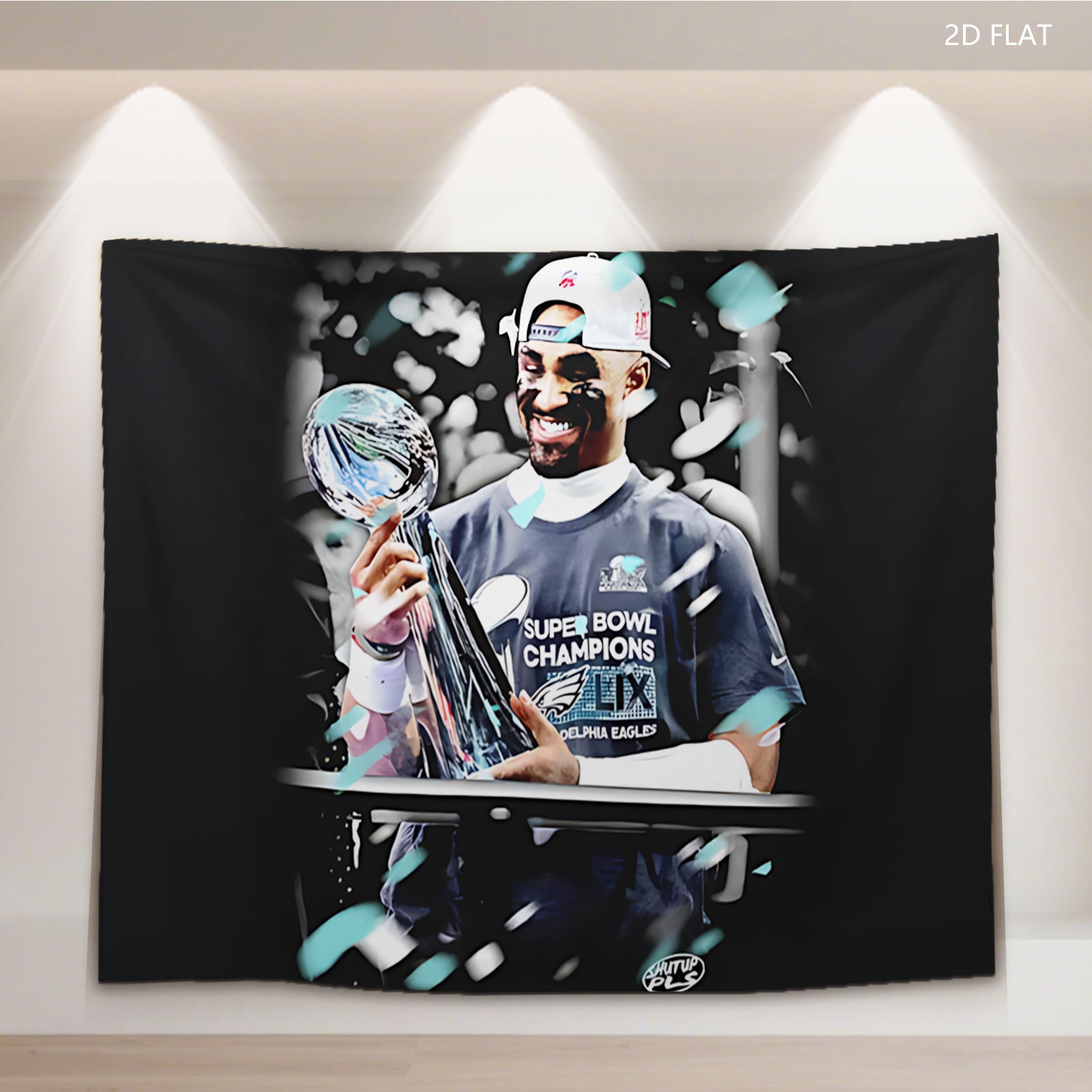Jalen Hurts celebrates with the Super Bowl LIX trophy, wearing a Philadelphia Eagles champions shirt and cap. - Tapestry