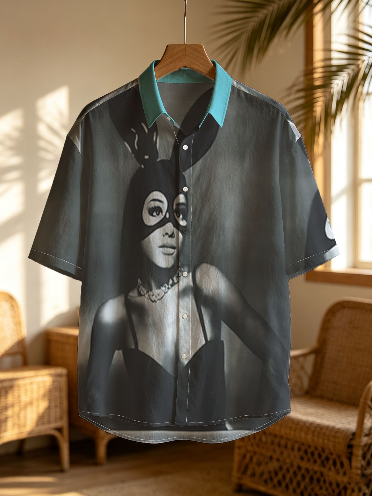 Bunny Masked Woman in Black Dress with Pearl Necklace -  Shirt