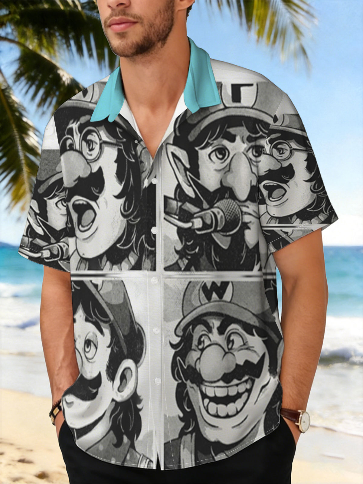 Mario, Luigi, Wario, and Waluigi in a comic-style black-and-white panel featuring expressive faces and microphones. -  Shirt