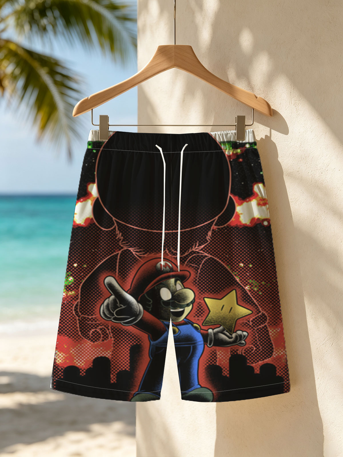 Mario Holds Star Against Shadowy Figure in Fiery Sky -  Beach shorts